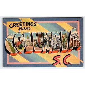 Greetings From Columbia South Carolina Vintage Large Big Letter Linen Postcard
